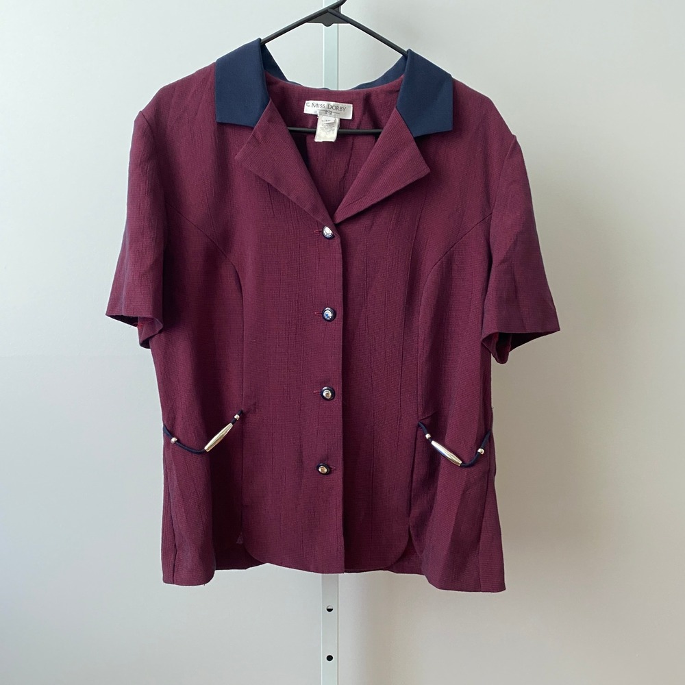 Miss Dorby 16 Burgundy Short Sleeve Button Up Blouse Contrast Collar Vintage